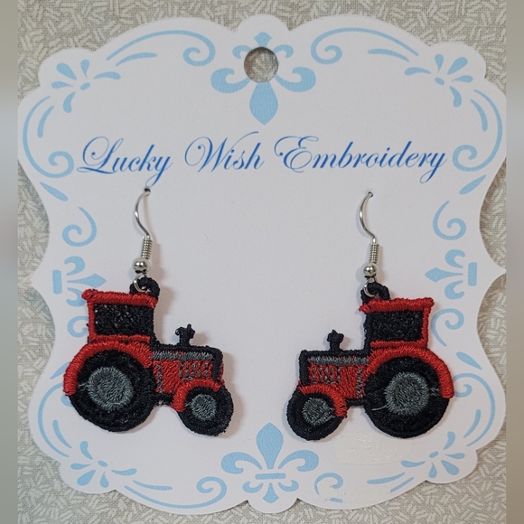 New!  Handmade Red/Dark Gray Tractor Earrings - Picture 1 of 2